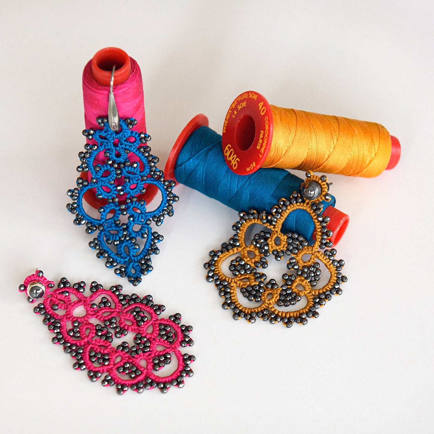 Vintage Drop lace earrings, fuchsia dark grey