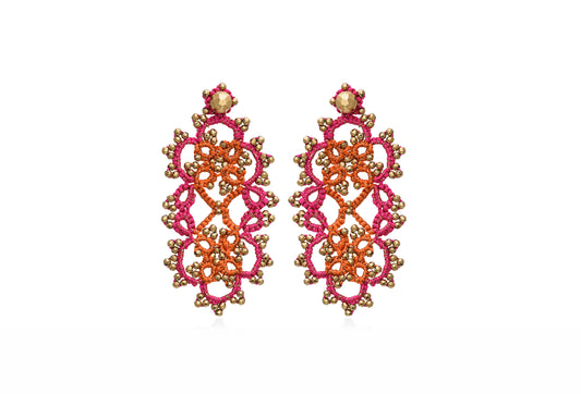 Vintage Art Deco bi-tone small lace earrings, fuchsia orange gold