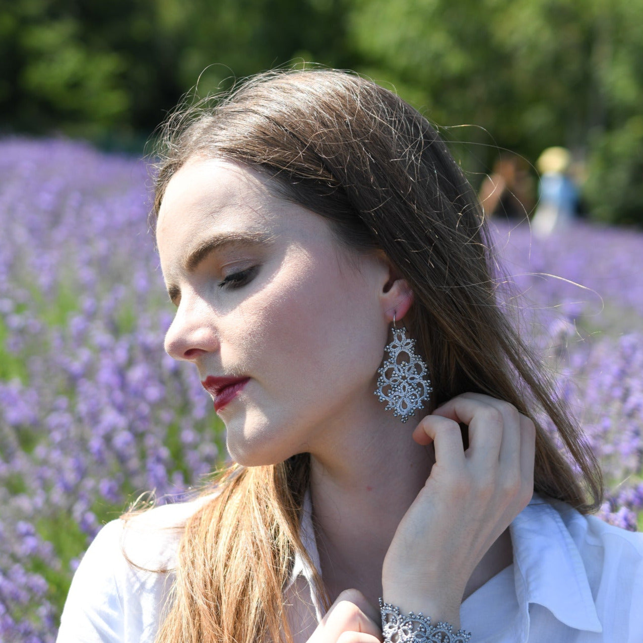 Melina lace earrings, festive red black