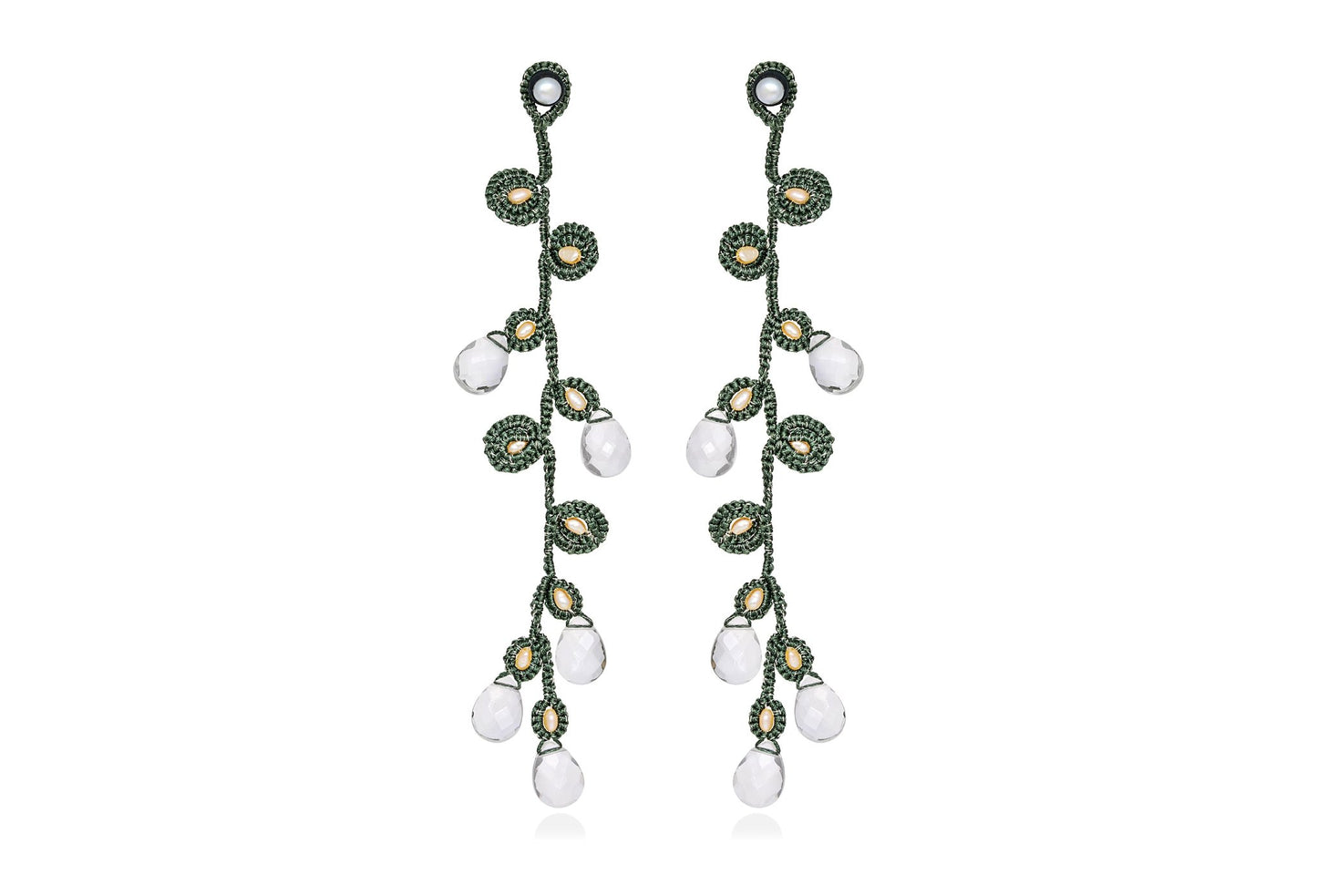 Afthonia handcrafted gemstone lace earrings olive green crystal