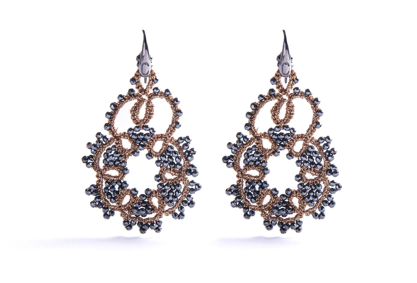 Agatha handcrafted gemstone lace earrings antique gold grey
