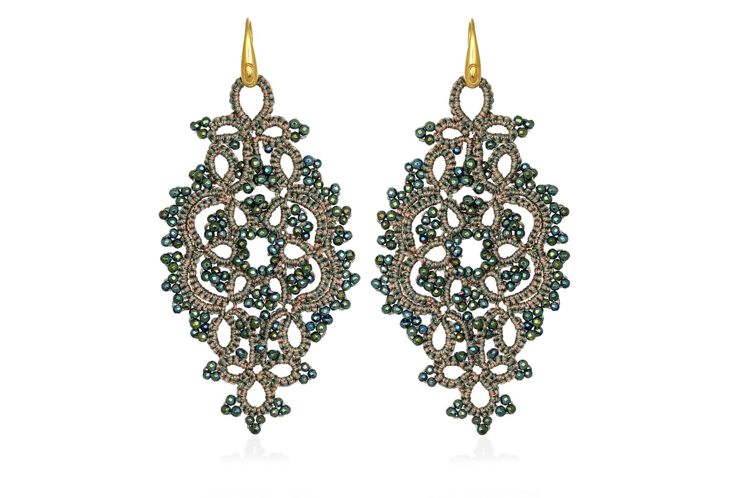 Alexandra handcrafted gemstone lace earrings peach green