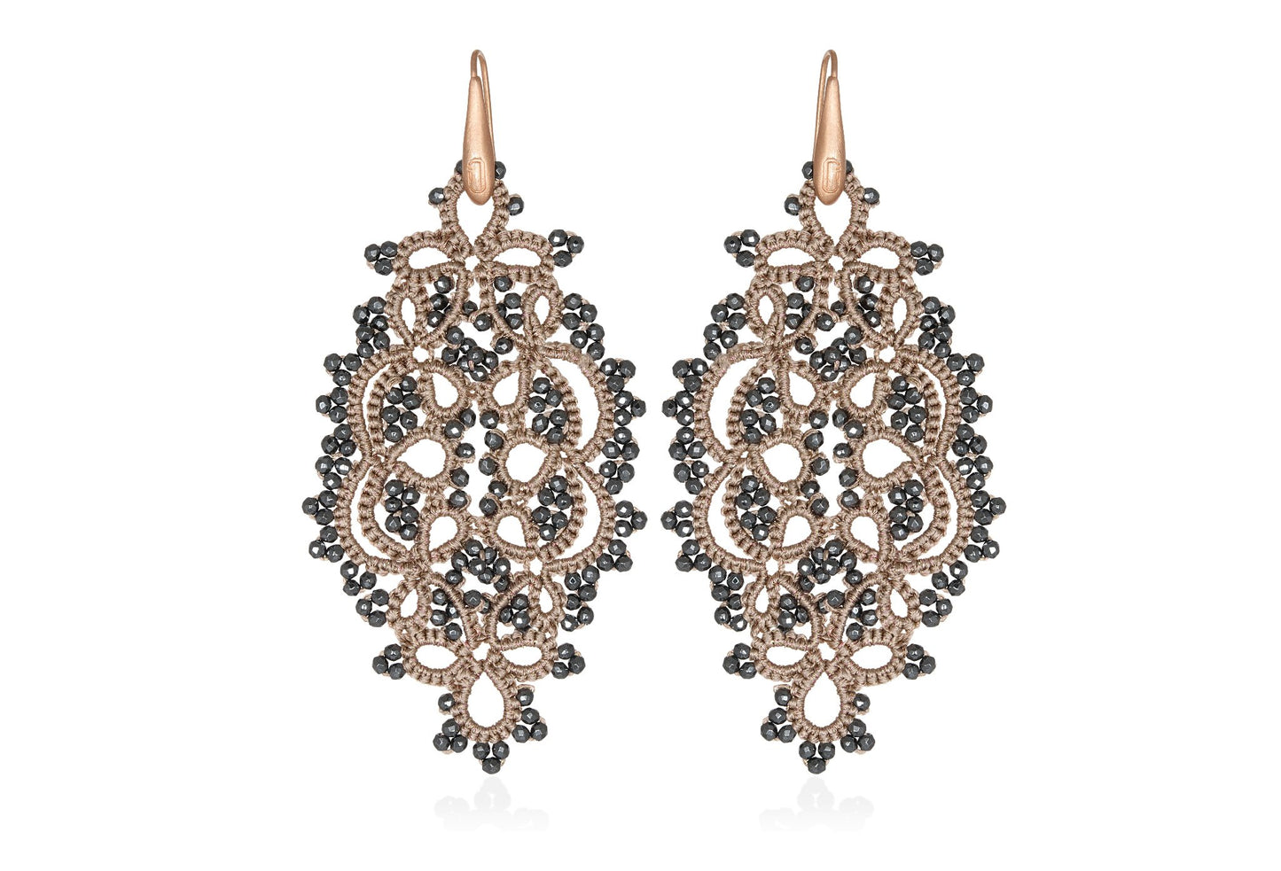 Alexandra handcrafted gemstone lace earrings nude dark grey