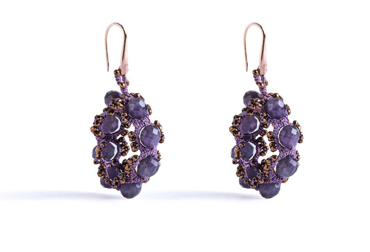 Amethyst handcrafted gemstone hoop lace earrings bronze
