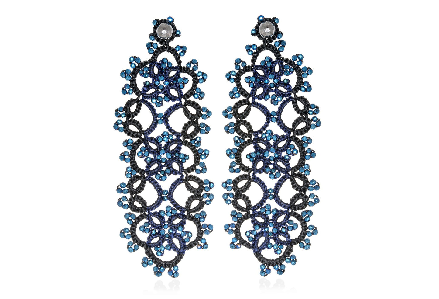 Art Deco handcrafted gemstone lace earrings black blue