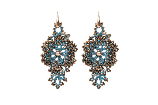 Callista handcrafted lace earrings blue petrol bronze one white backround