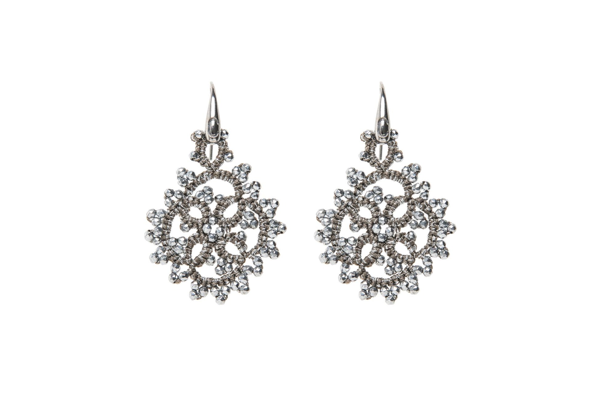 Eugenie handcrafted lace earrings grieve silver on white backround