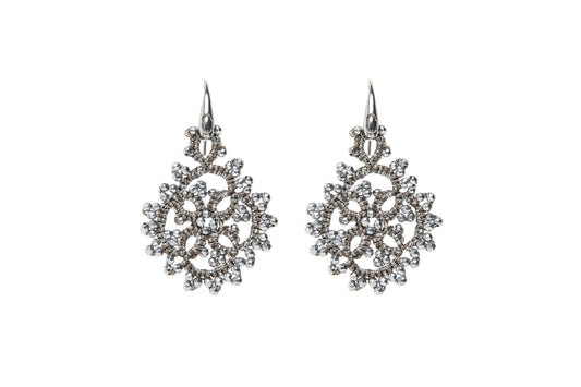 Eugenie handcrafted lace earrings grieve silver on white backround