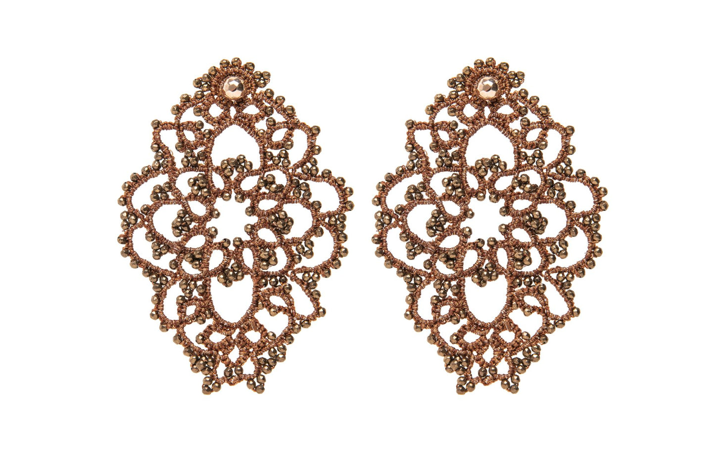 Theodora handcrafted lace earrings bronze on white backround
