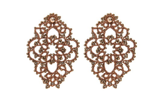 Theodora handcrafted lace earrings bronze on white backround