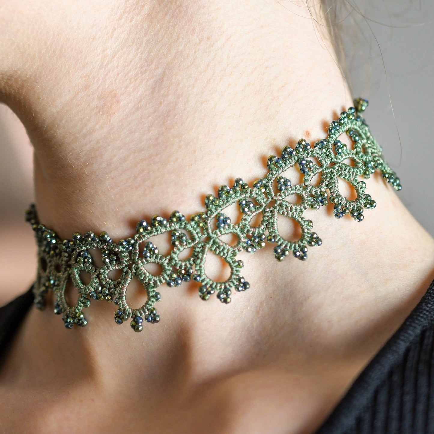 Amelia handcrafted gemstone lace choker being worn