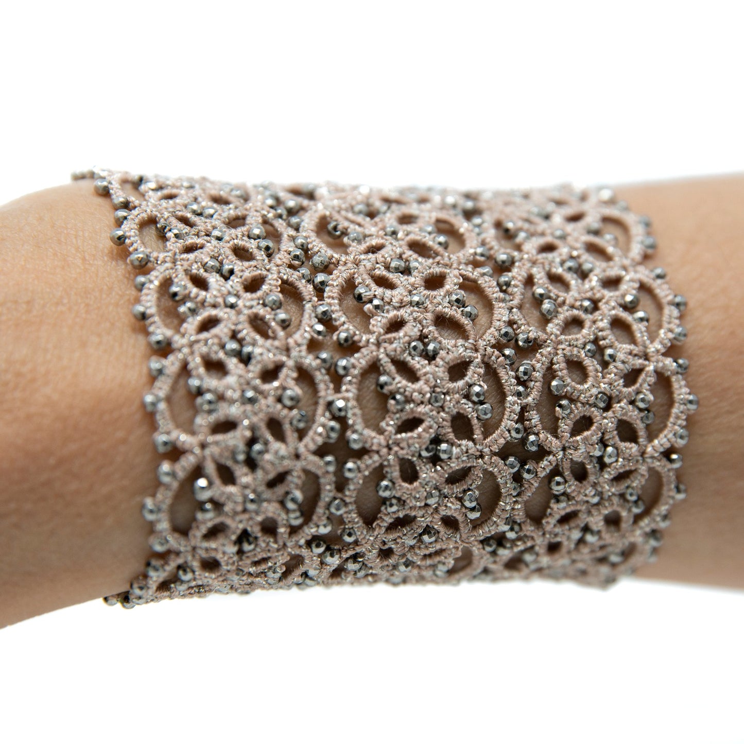 Anastasia handcrafted gemstone lace bracelet being worn