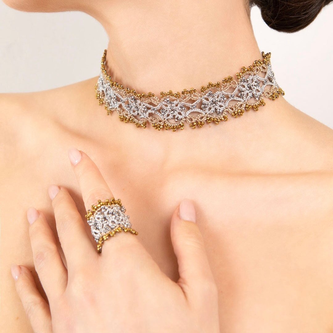 Art Deco handcrafted gemstone lace ring being worn
