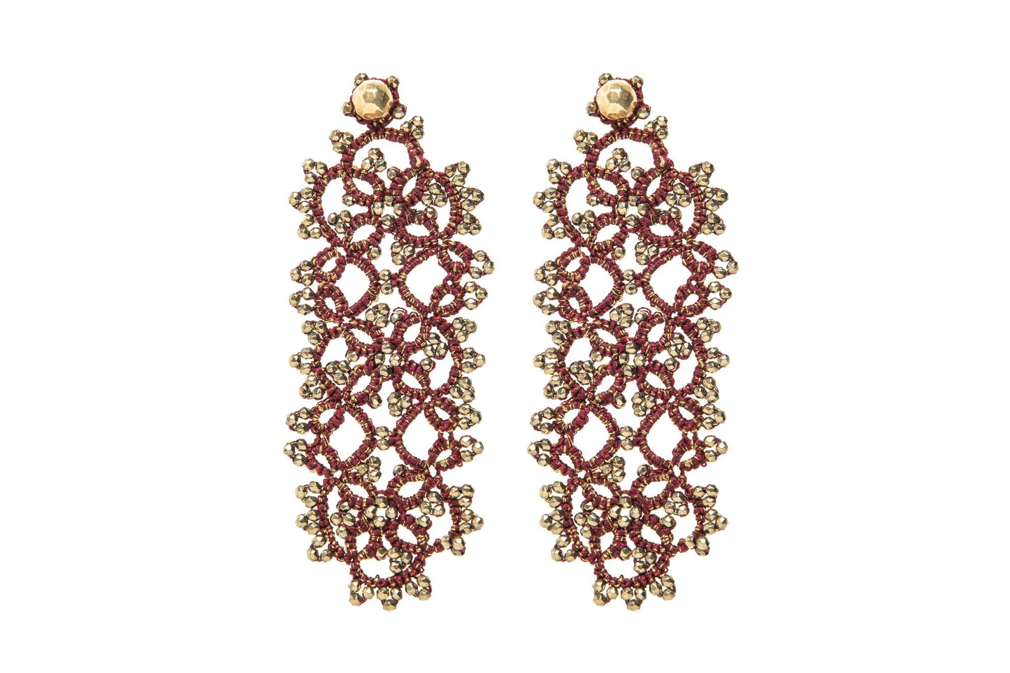 Art Deco handcrafted large lace earrings burgundy gold