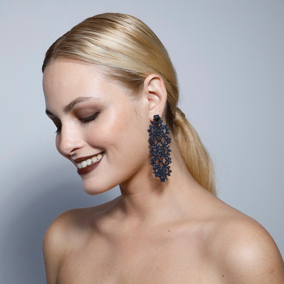 Art Deco handcrafted gemstone lace earrings being worn