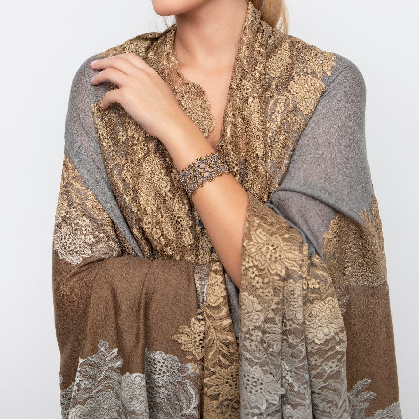 Art Deco handcrafted gemstone lace bracelet being worn