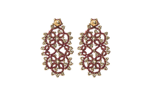 Art Deco small handcrafted gemstone lace earrings, burgundy gold