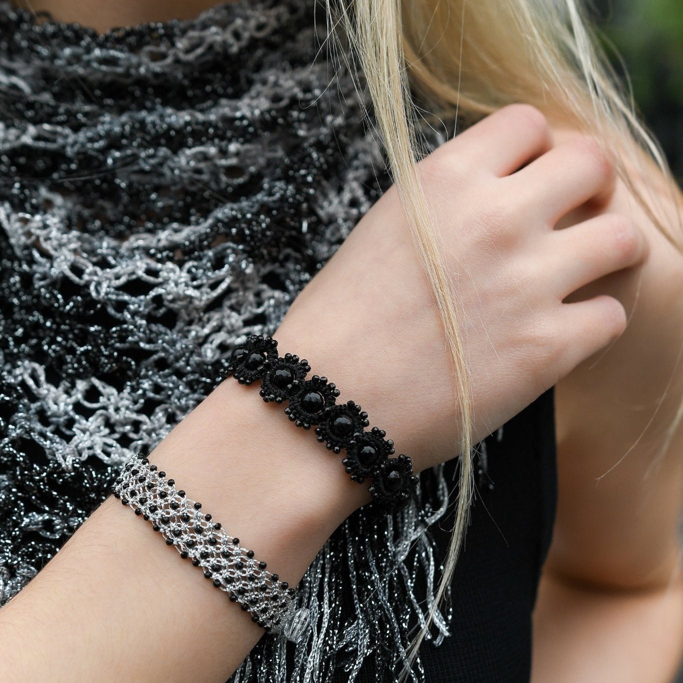 Avatar handcrafted gemstone lace bracelet being worn