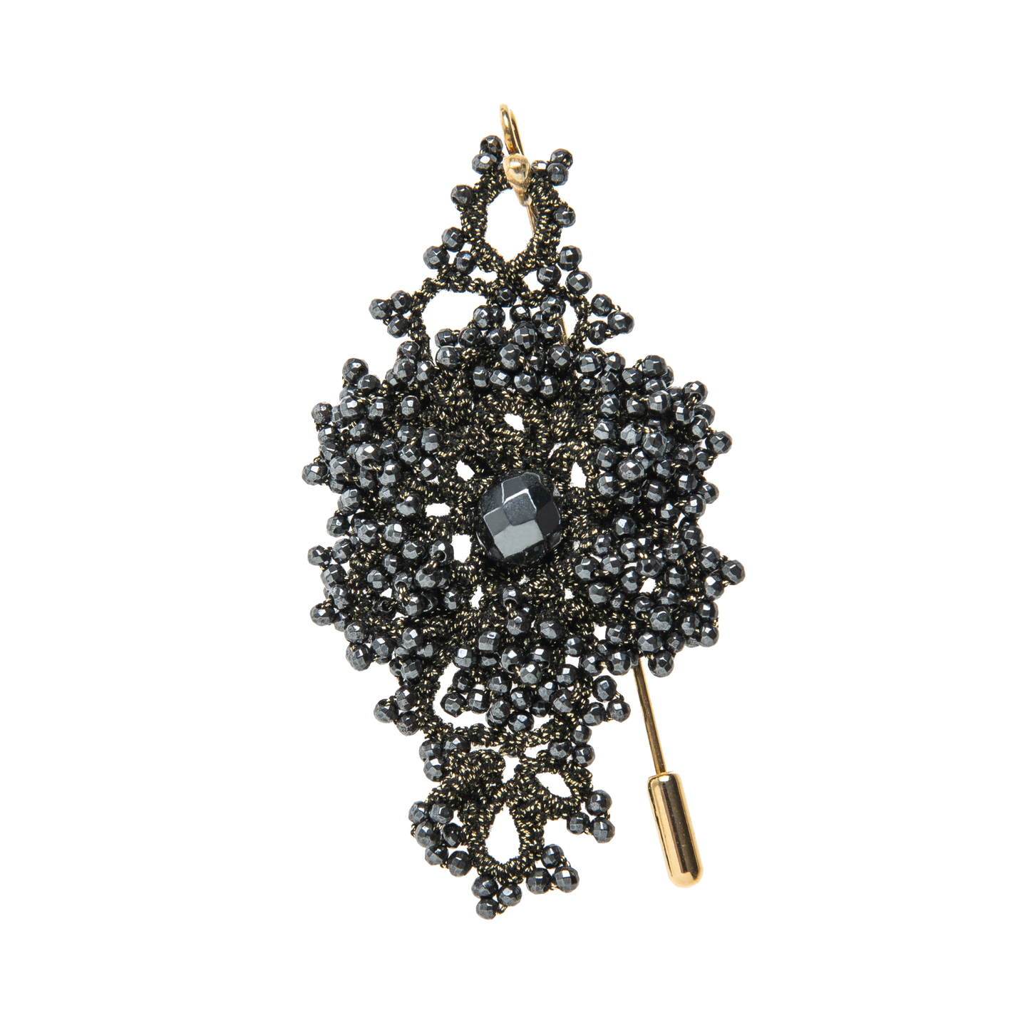 Callista handcrafted gemstone brooch, antique gold dark grey