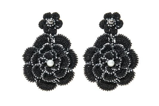 Camelia handcrafted lace earrings with freshwater pearls black