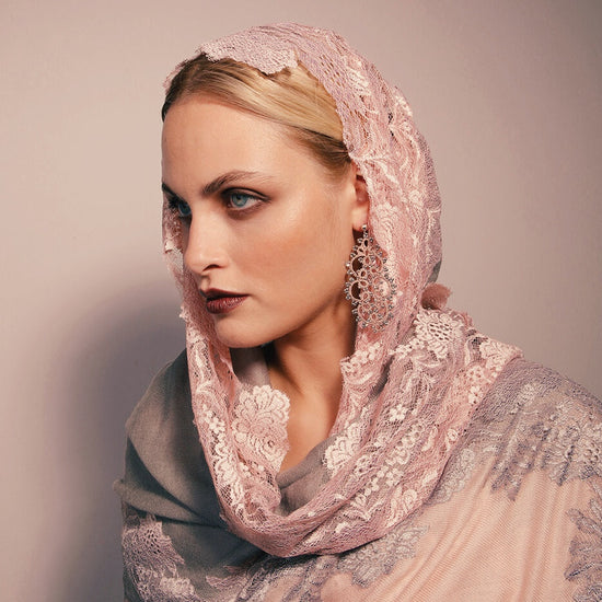 Carol handcrafted gemstone lace earrings nude being worn