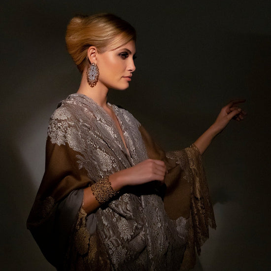 Diana handcrafted lace gemstone earrings being worn