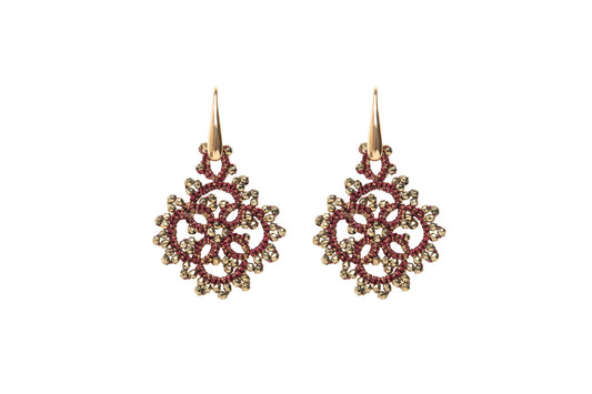 Eugenie handcrafted lace earrings burgundy gold on white backround