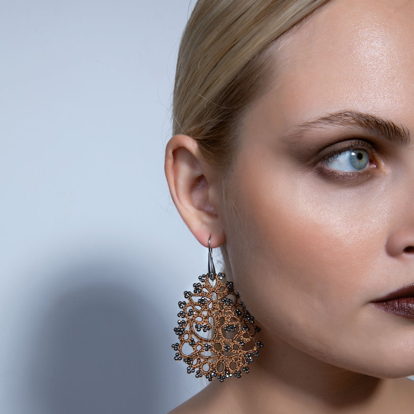 Gaia handcrafted lace earrings close up