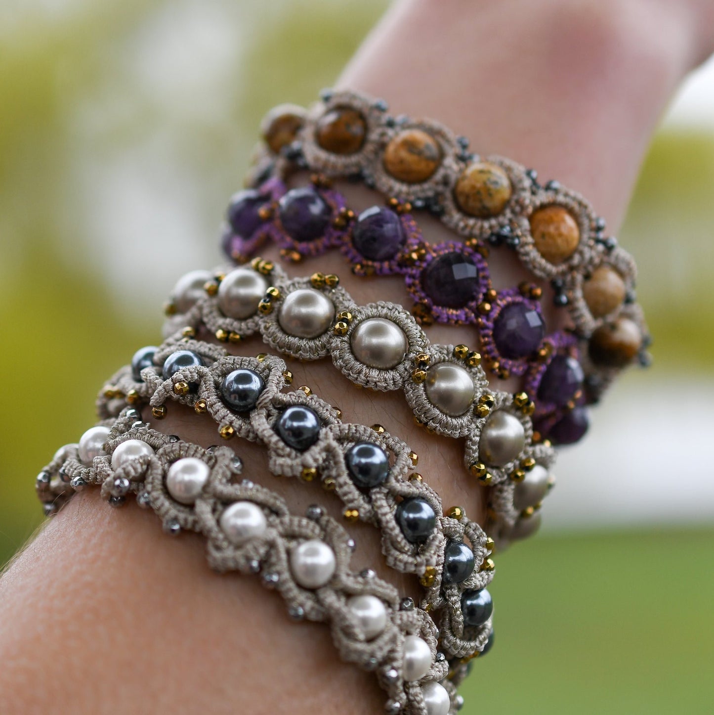 Green Line handcrafted gemstone lace bracelet being worn