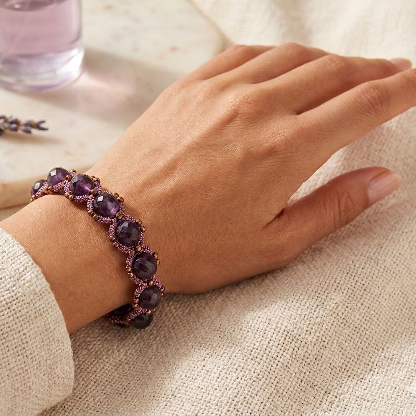 Handcrafted lightweight sustainable amethyst lace bracelet with gemstones