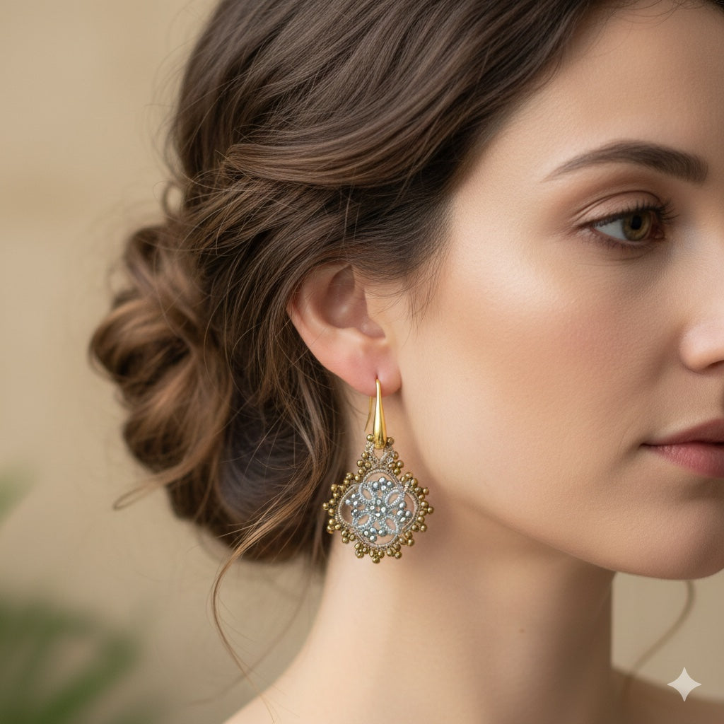 Handcrafted lace earrings Eugenie on a model