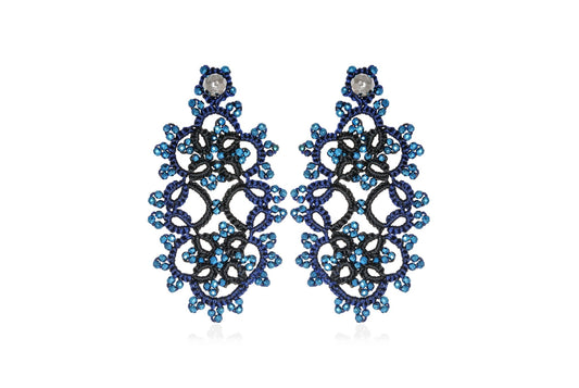 Art Deco handcrafted gemstones lace earrings midnight blue