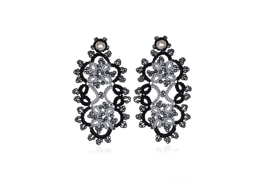 Art Deco handcrafted gemstones lace earrings silver black