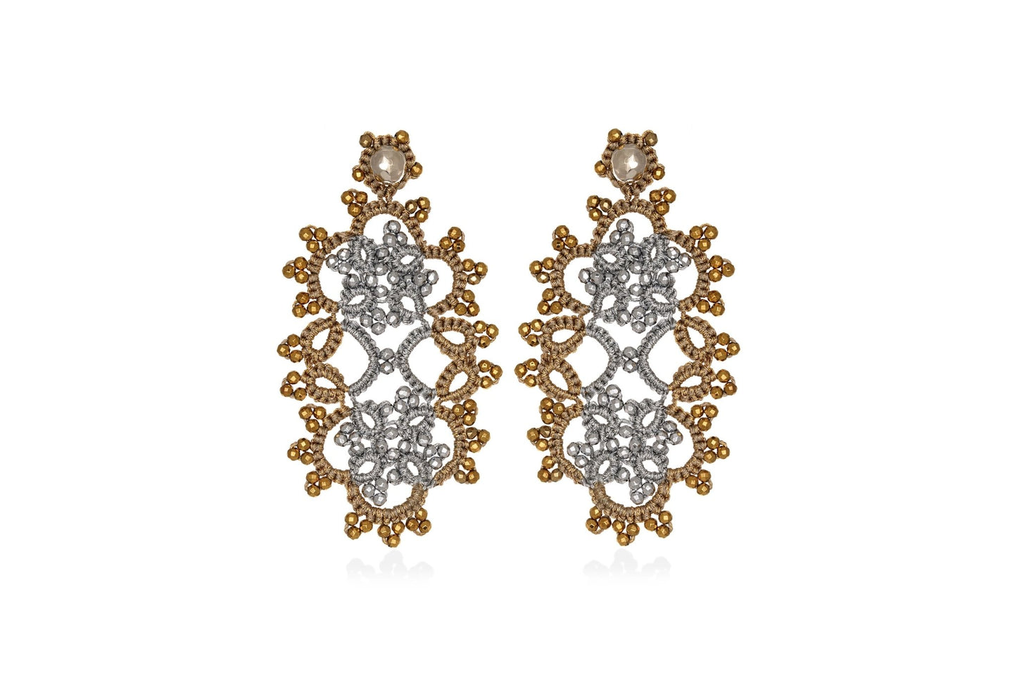 Art Deco handcrafted gemstones lace earrings silver gold