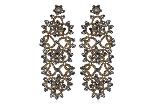 Art Deco handcrafted gemstone lace earrings gold grey