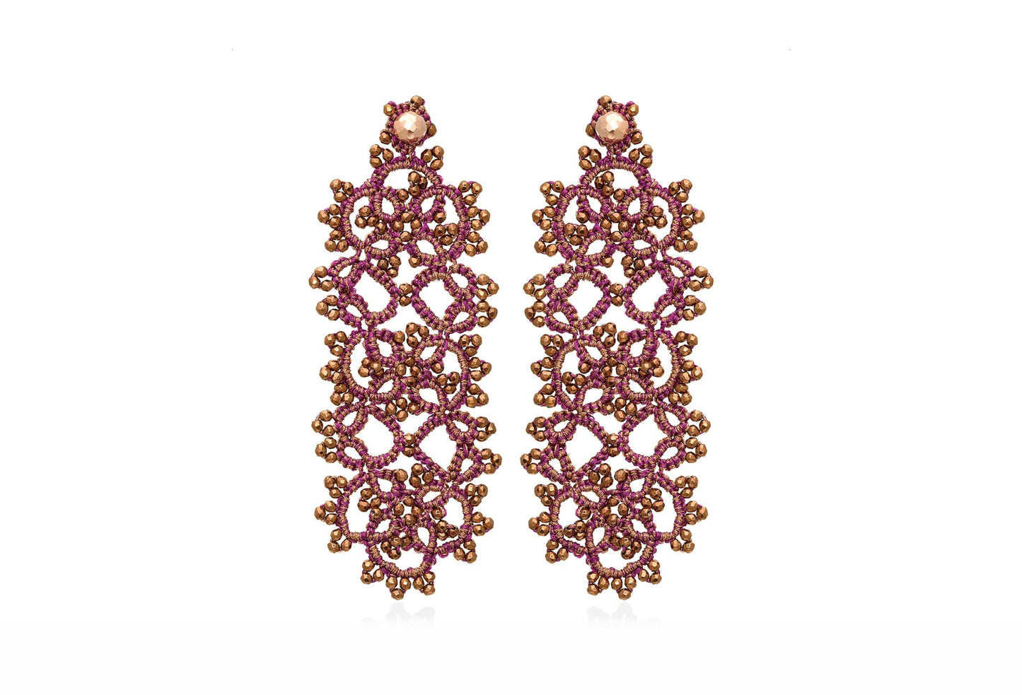 Art Deco handcrafted gemstone lace earrings magenta gold