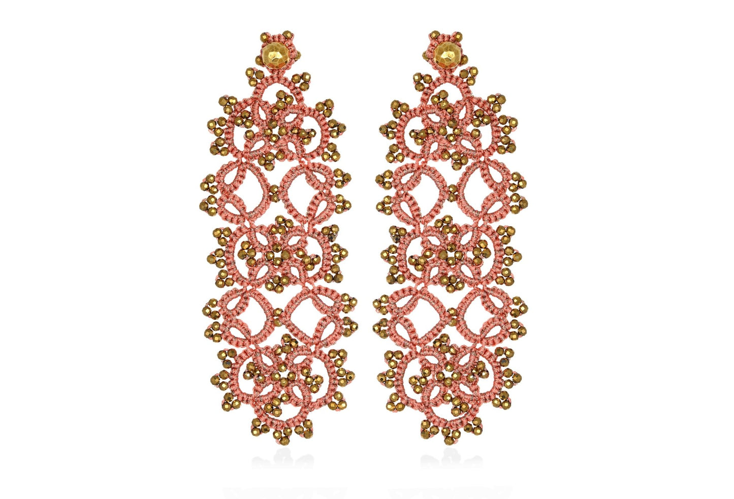 Art Deco handcrafted gemstone lace earrings peach gold