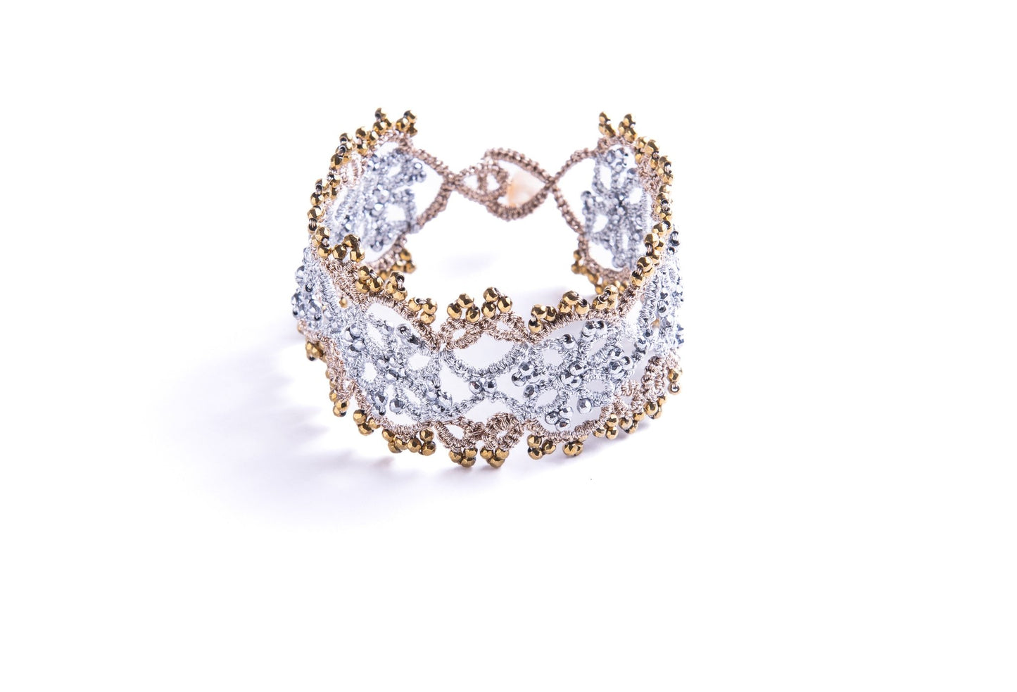 Art Deco handcrafted gemstone lace bracelet silver gold