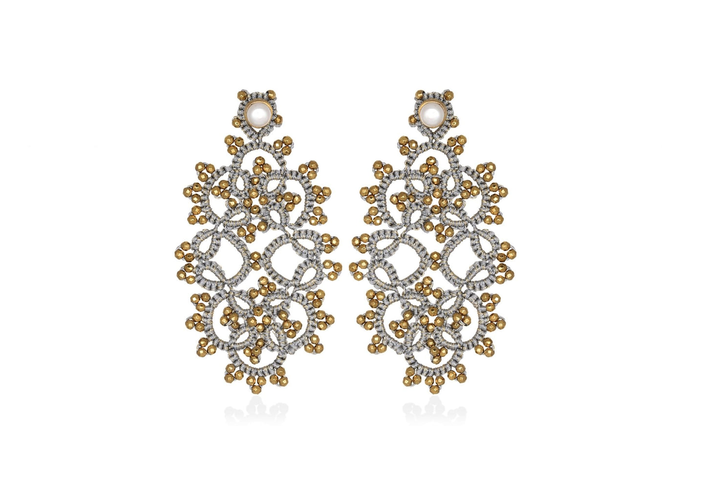 Art Deco handcrafted gemstone lace earrings grey gold