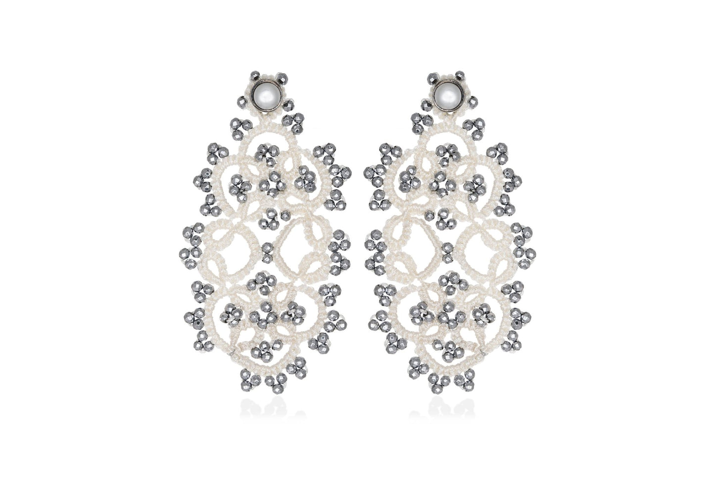 Art Deco handcrafted gemstone lace earrings white grey