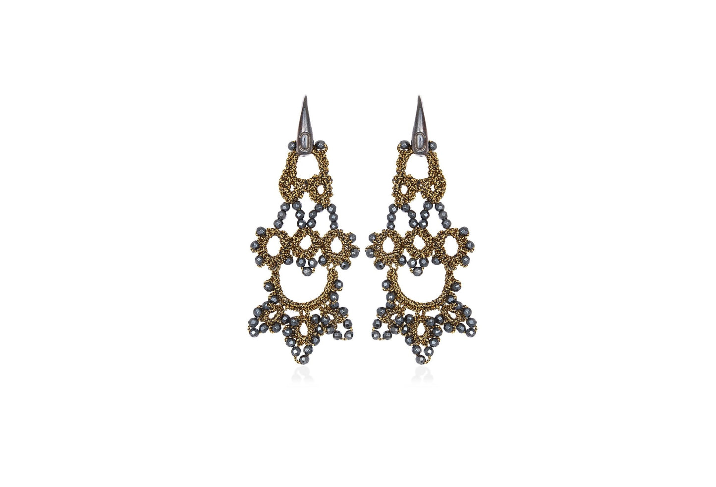 Bijoux handcrafted gemstone lace earrings antique gold grey