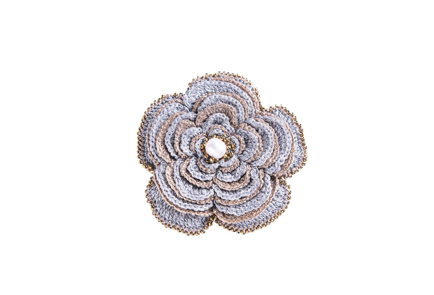 Hand-crocheted Camelia brooch, rose gold silver
