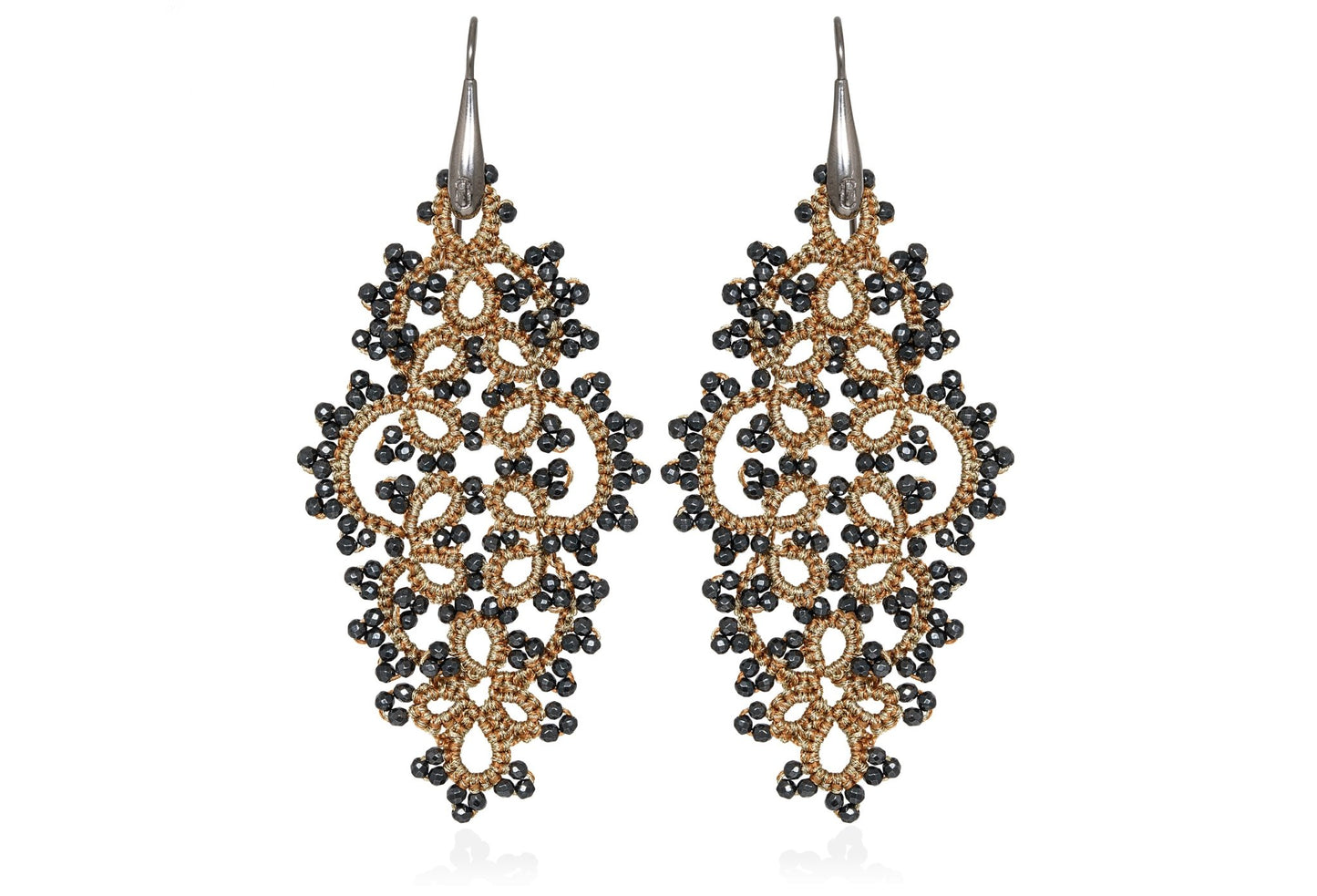 Carol handcrafted gemstone lace earrings gold dark grey
