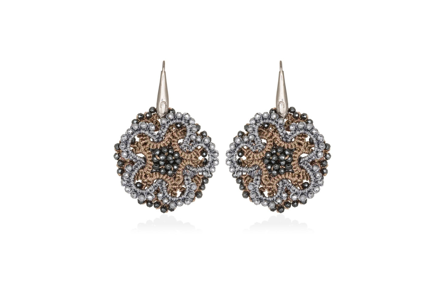 Chic handcrafted gemstone lace earrings nude silver grey