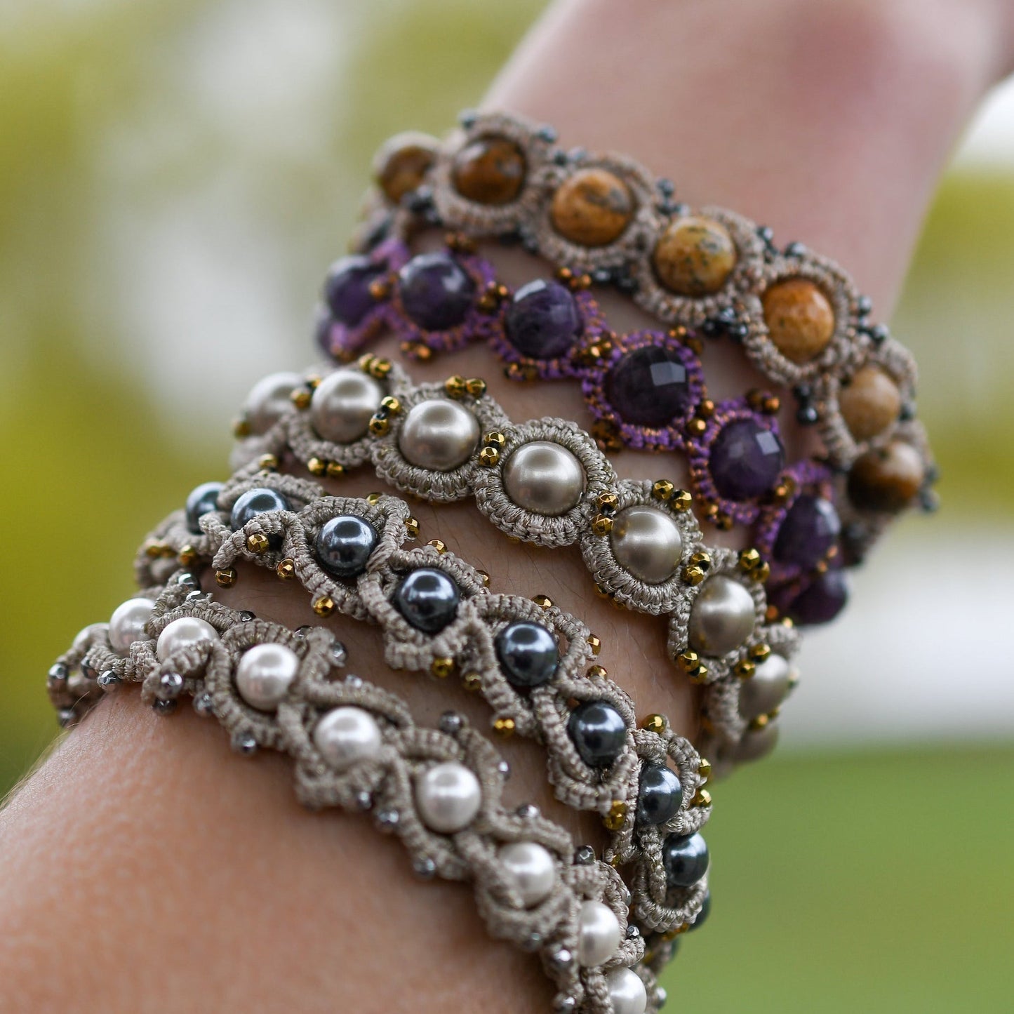 Chic handcrafted gemstone lace bracelet being worn