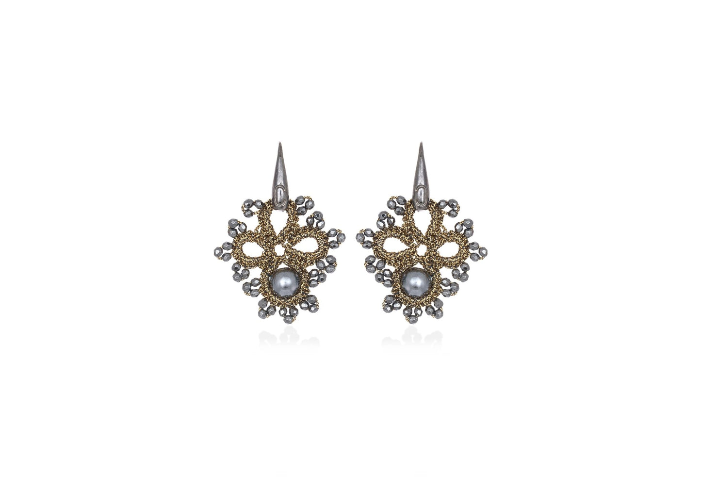 Claire handcrafted gemstone lace earrings antique gold grey