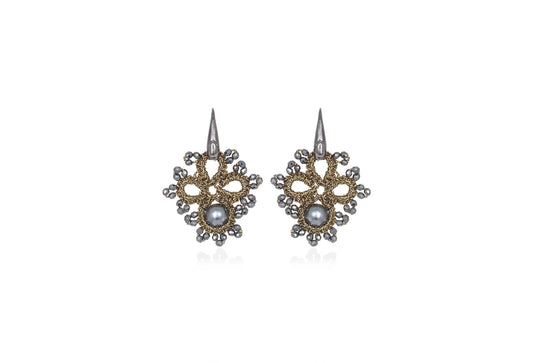 Claire handcrafted gemstone lace earrings antique gold grey