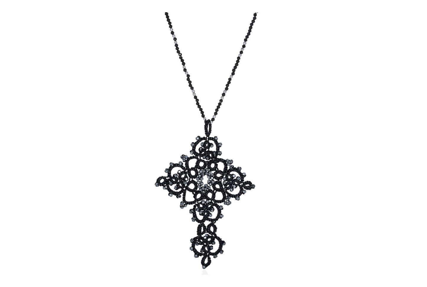 Cross handcrafted gemstone lace pendant black silver