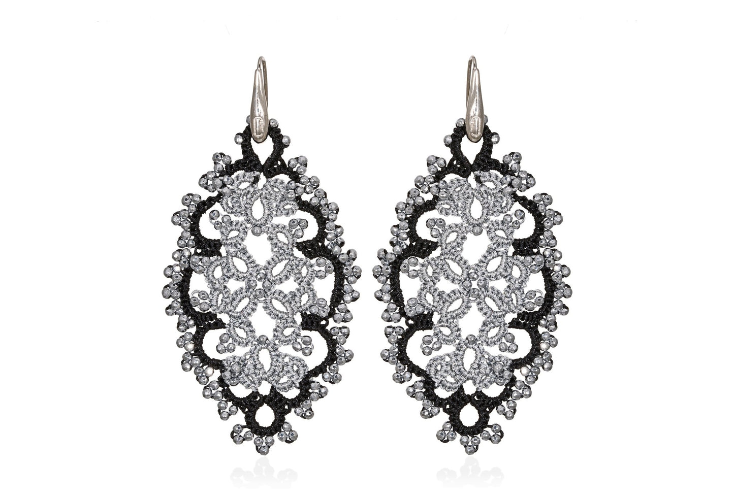 Diana handcrafted gemstone lace earrings black silver grey