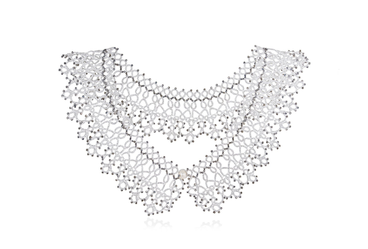 Elizabeth handcrafted gemstone lace colar grey silver